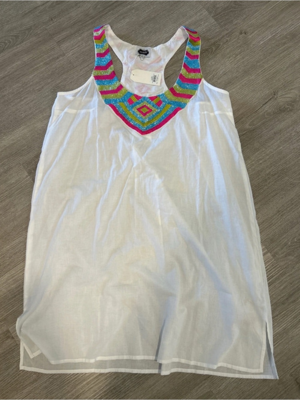 Mud Pie White Dress/Swim Cover with Bright Beaded Accent